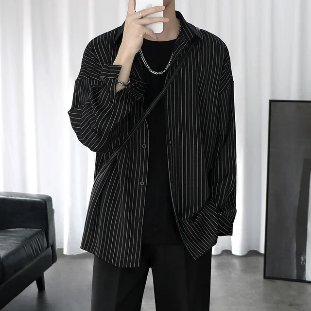 Mens Striped Shirt Jacket Casual Oversize Trend Black Unisex Gothic Long-Sleeved Shirt Autumn Tops 1