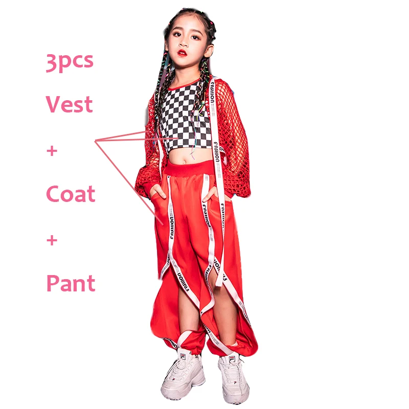 Костюм для джазовых танцев уличная одежда для девочек красное Сетчатое пальто модные штаны-шаровары детская одежда в стиле хип-хоп одежда для сцены VDB962 - Цвет: 3pcs Suit