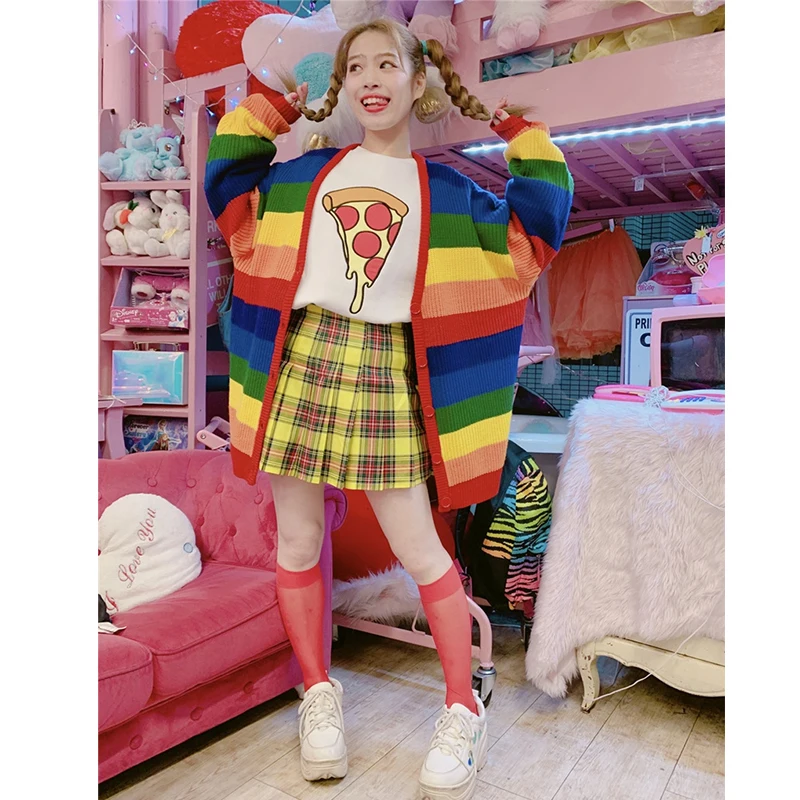 Вязаный женский кардиган осень и зима KPOP Радужная одежда с полосками Женский Свободный Повседневный длинный свитер куртка пальто L0162