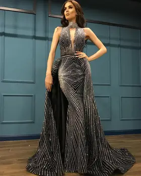 

Sparkling Navy Blue Evening Dress Detachable Long Prom Dresses Plus Size Women High Neck Formal Gowns