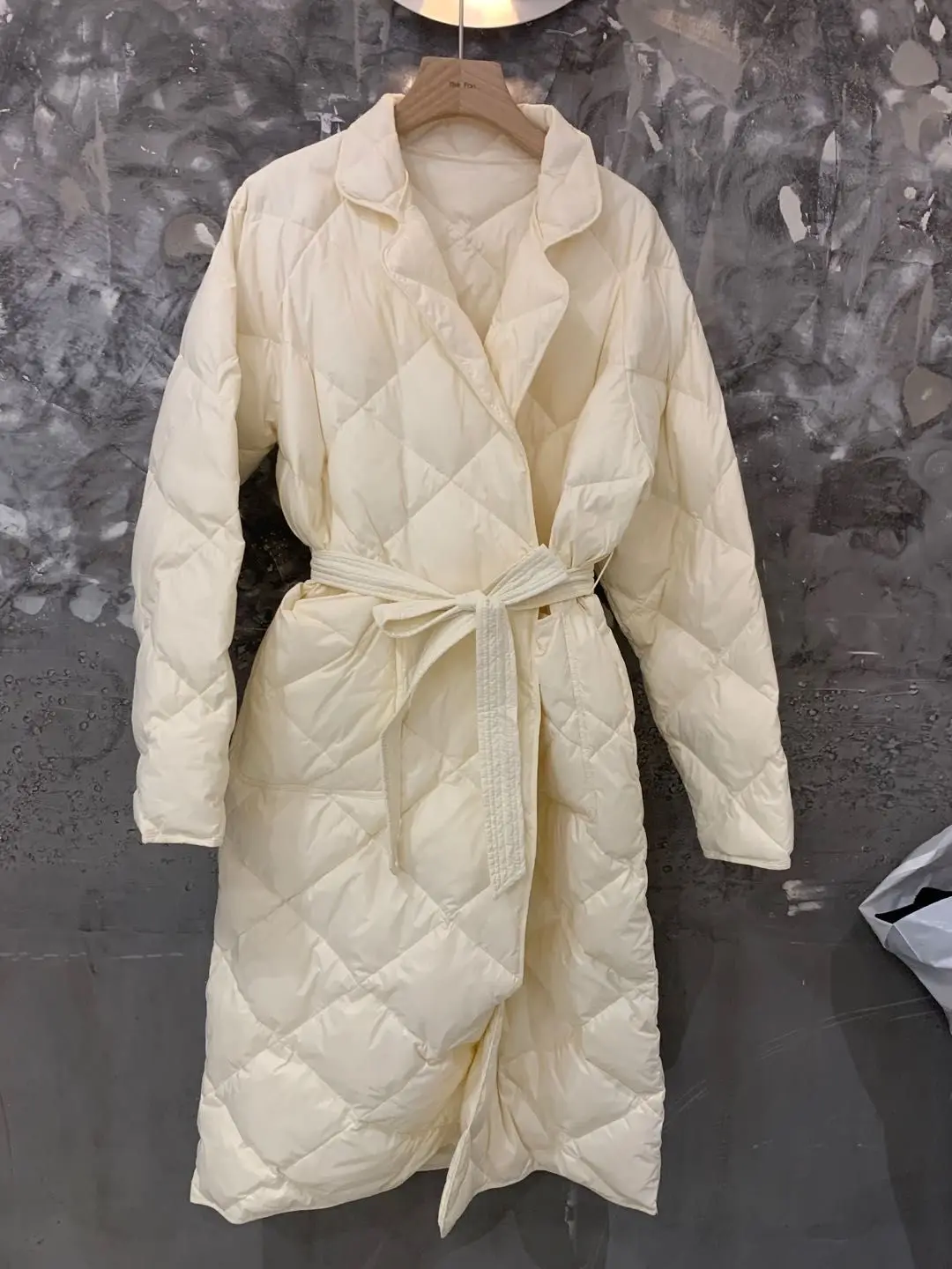 JuneRain Long Winter Coat Rhombus Pattern Casual Sashes Women Parkas Pockets Tailored Collar Puffer Jacket Cotton-padded Outwear long parka coat