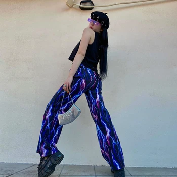 

SUCHCUTE Tie Dye pants for women lightning trousers wide leg loose gothic Streetwear baggy Female Joggers outfits