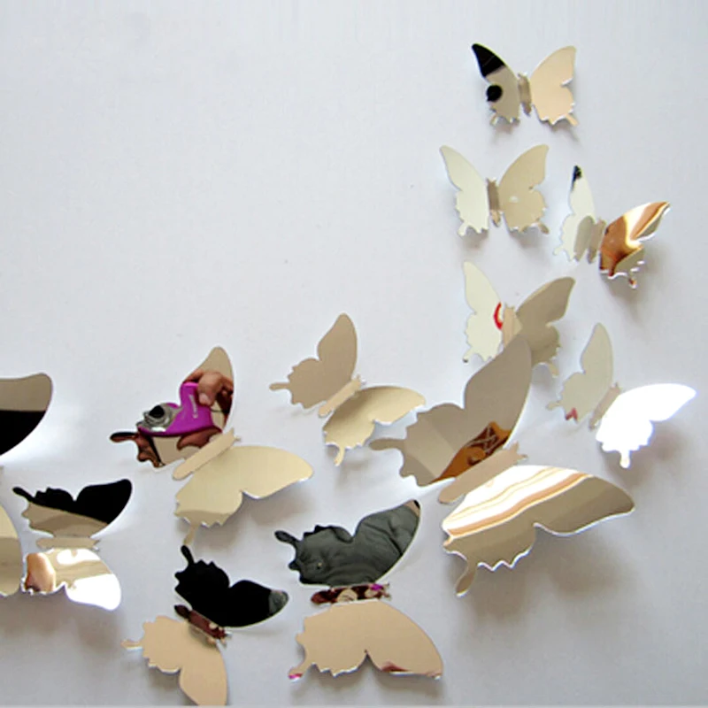 12pcs Mirror Wall Sticker Decal Butterflies 3D Mirror Wall Art Party Home Decor_ 