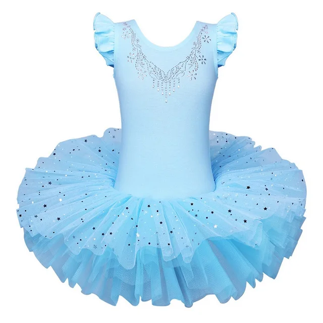 BAOHULU Girls Ballet Tutu Tulle Dress Sleeveless Gymnastics Leotard Diamond Pink Bow Pattern Ballet Leotard For Girl Ballerina B184 Blue
