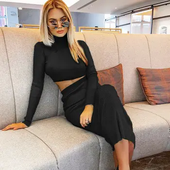 

2pcs Set Autumn Women Bandage Suit Long Sleeve Knitted Crop Top Pencil Midi Skirt Candy Bodycon Sweater Skirt Sets Streetwear