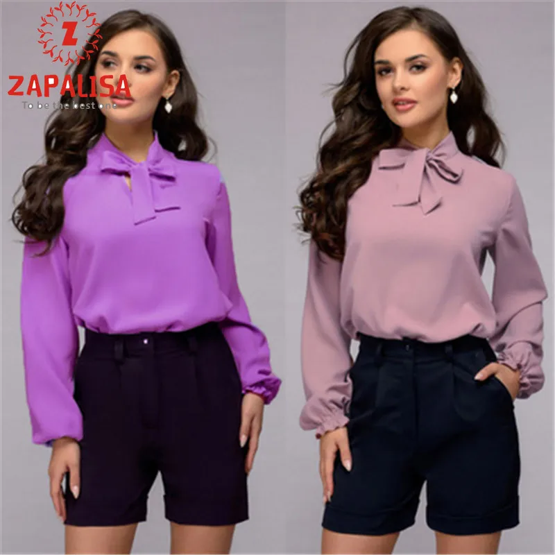 Женская однотонная блузка с длинным рукавом ZAPALISA элегантная облегающая офисная