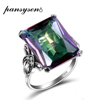 

PANSYSEN Luxury 12x16MM Fire Mystic Rainbow Topaz Rings For Women Solid 925 Sterling SilverFine Jewelry Ring Anniversary Gifts