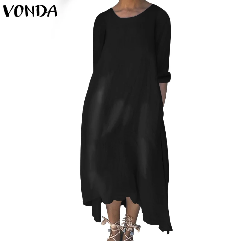 VONDA платье для беременных повседневные свободные праздничные платья с вырезом лодочкой хлопковые Асимметричные Длинные платья богемный халат для беременных - Цвет: Черный
