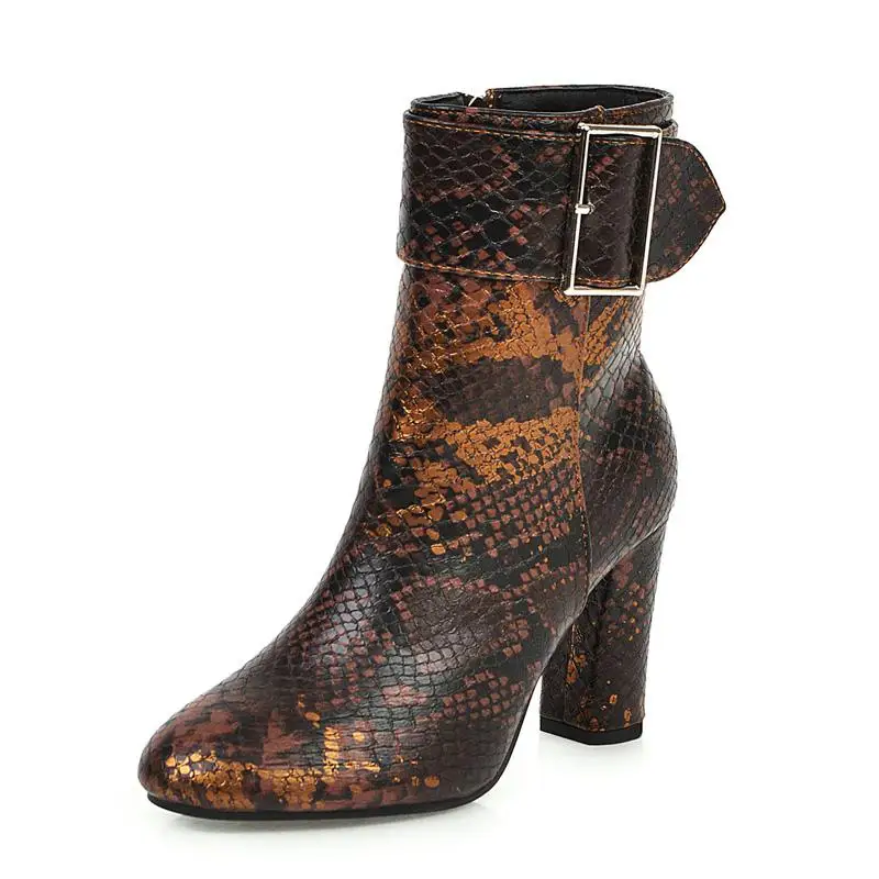 MNIXUAN/Женская обувь; Новинка года; Зимние ботильоны для женщин в западном стиле со змеиным принтом; обувь на высоком блочном каблуке; коричневые женские ботинки - Цвет: Brown