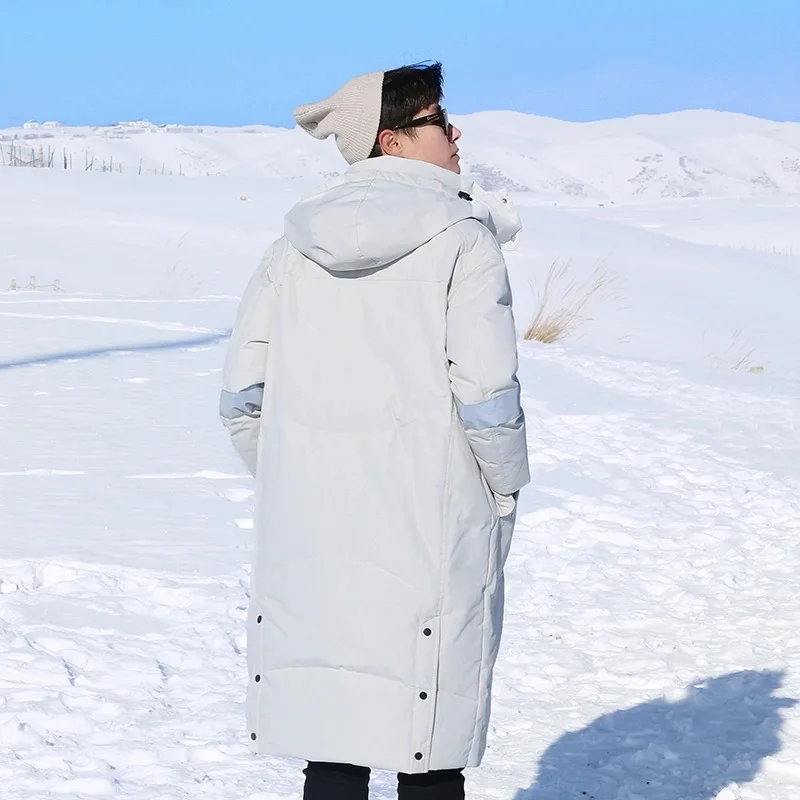 Men's and women's down jackets long white duck down hooded down jackets couple extra warm working snow resort winter traveling