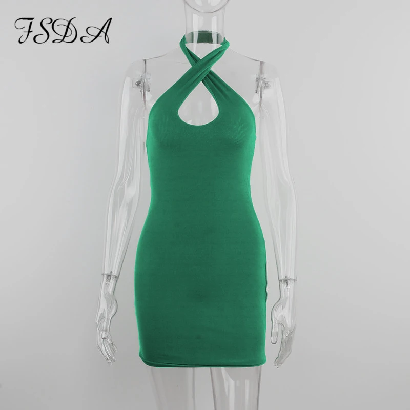 FSDA 2021 Hollow Out Sexy Dress Women Green Sleeveless Y2K Backless Summer Blue Halter Neck Bodycon Mini Dresses Beach Party