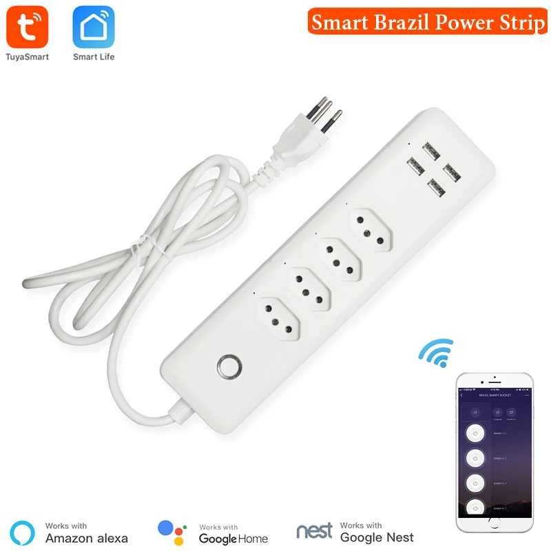 Tuya умная бразильская полоса питания WiFi Бразильская розетка 4 разъема USB