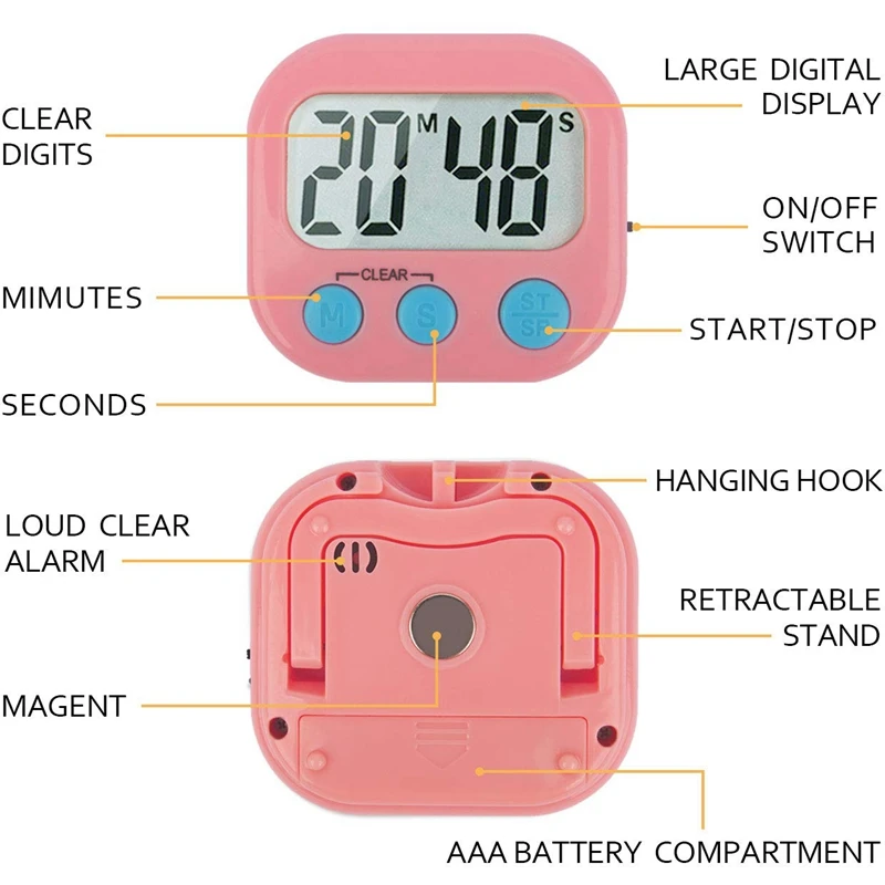 6 Packs Digital Kitchen Timer Cooking Classroom Small Timer for Kids Teachers Large LCD Monitor Loud Alarm Strong 4Pcs