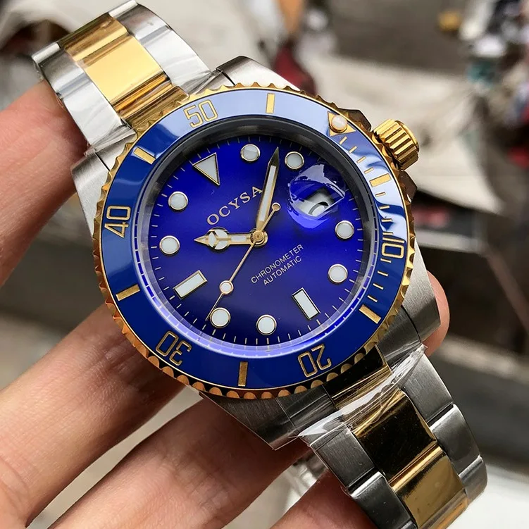 Ocysa Лидирующий бренд роскошный механический автоматический для мужчин часы золото Relogio Masculino Reloj керамический ободок спортивные мужские s часы наручные часы - Цвет: Gold-Blue