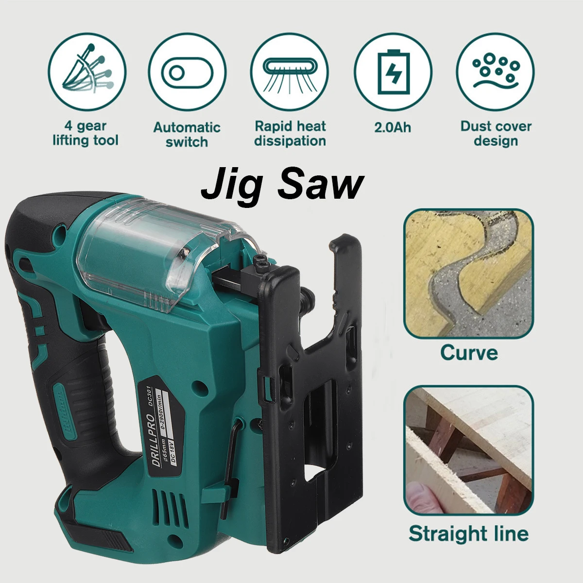 Drillpro 21V 65mm 2900RPM Cordless Jigsaw Electric Jig Saw Portable Multi-Function Woodworking Power Tool for Makita 18V Battery