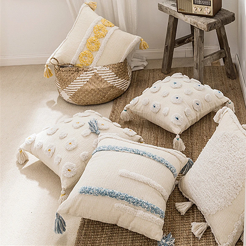 黄色と白のタッセル付きの手作りの枕カバー デイジーの形をしたクッションカバー モロッコスタイル ブルーストライプ 家の装飾 45x45cm Cushion Cover Aliexpress