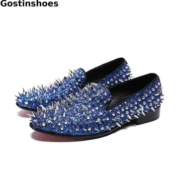 

Fashion Men Causal Shoes Rivets Decoration Genuine Leather Men Leisure Shoes Loafers Blue Color Daily Party Wear