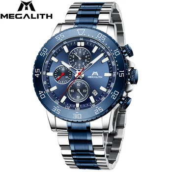 

MEGALITH Top Waterproof Sport Wathes Men Stainless Steel Date Chronograph Man Watch Fashion Causal Clocks Relojes Hombre 8087