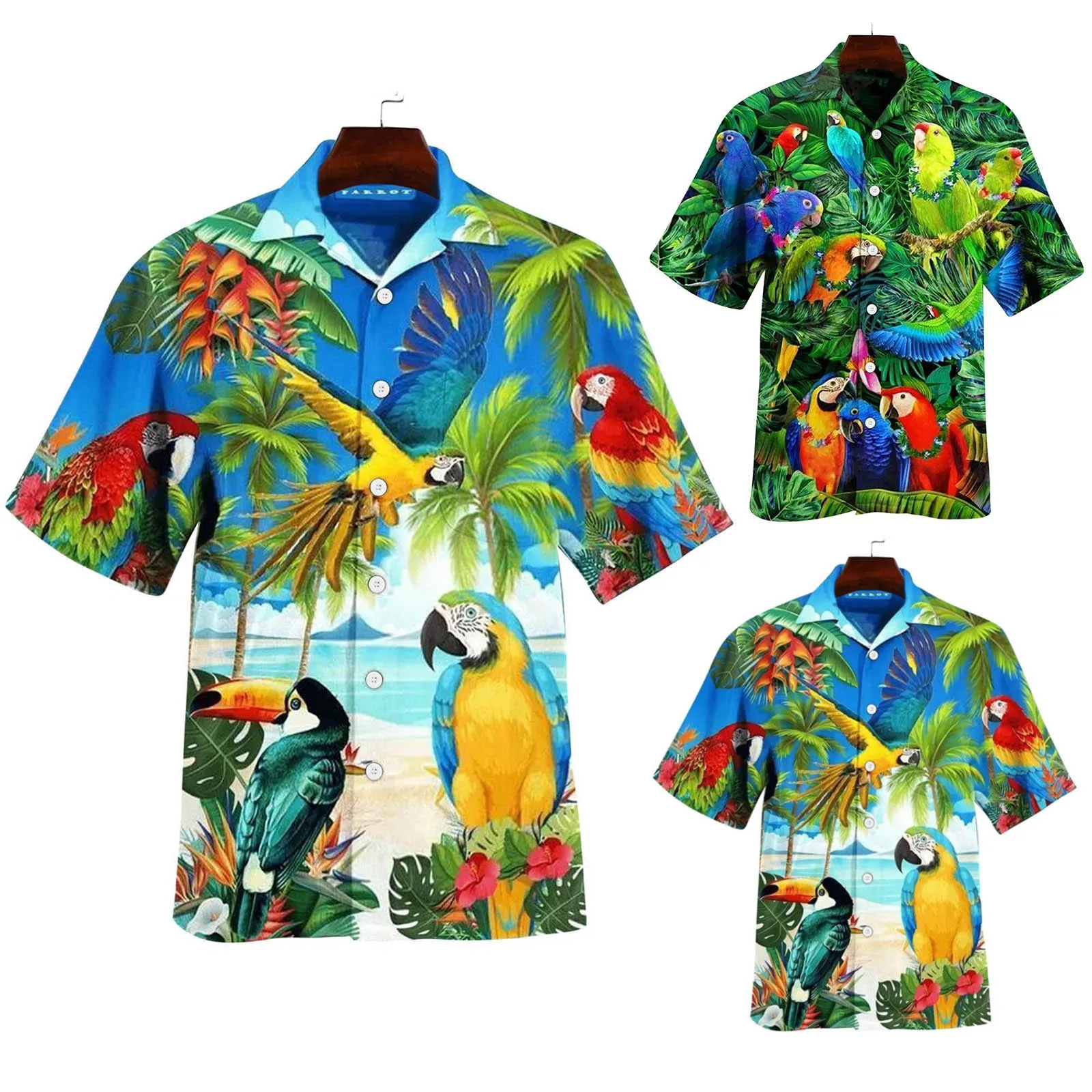 Animal Parrot Print Patchwork Fashion Hawaiian Men Shirt Cool Turn Down Collar Short Sleeve Streetwear Beach Summer Chic 3