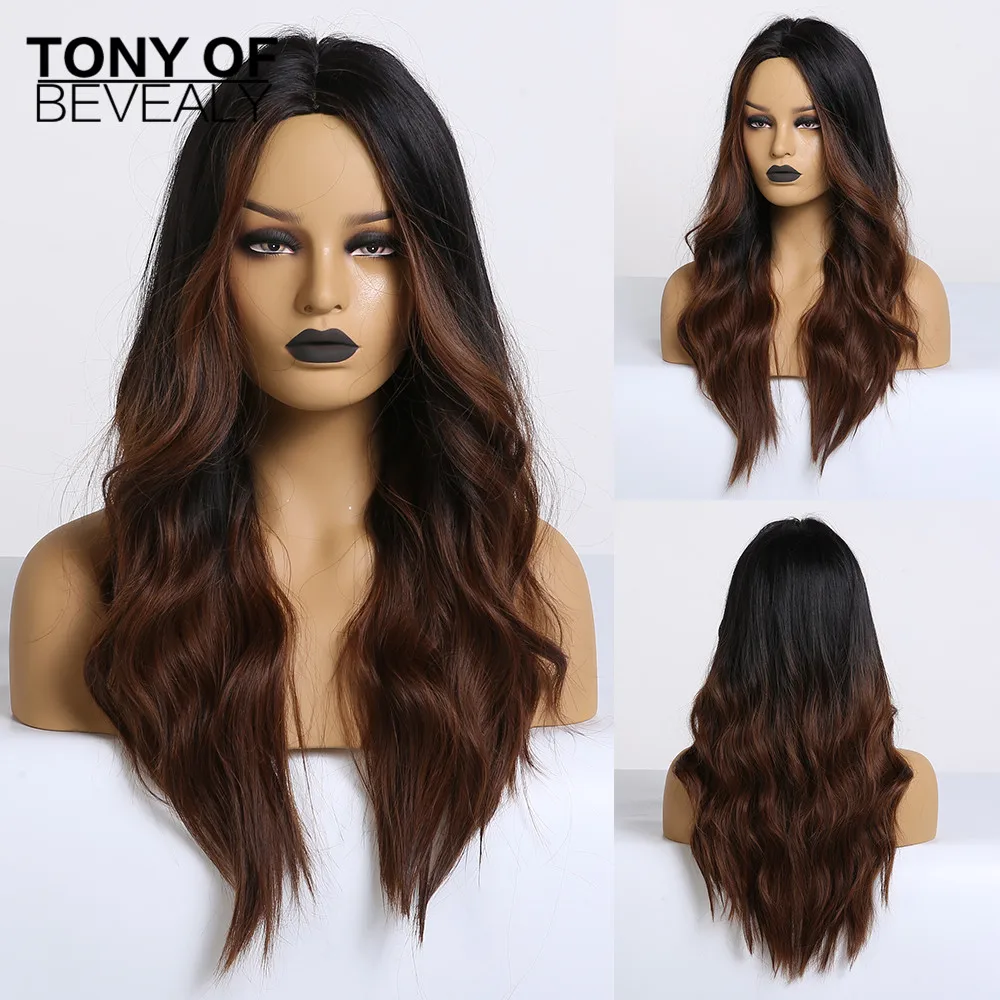 Длинные Синтетические волнистые Омбре светильник коричневый средняя часть натуральные волосы парики для женщин африканские Америка термостойкие волокна парики - Цвет: lc179-8