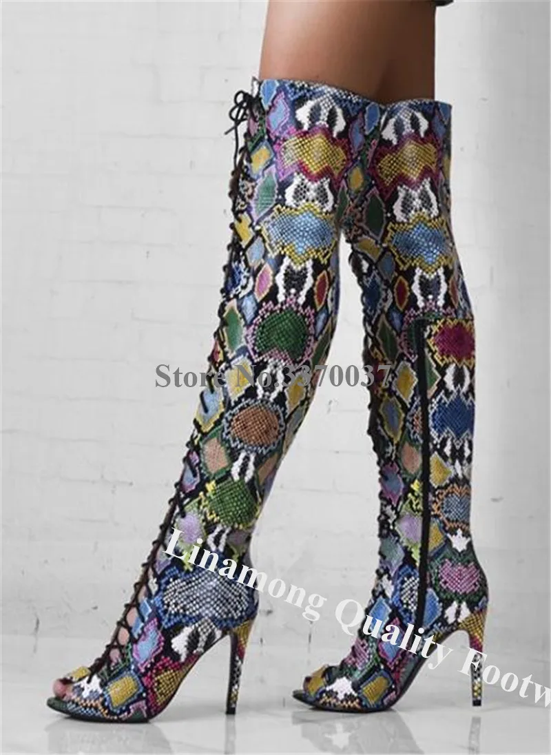 Western Style Peep Toe Mixed-colors Snake Leather Over Knee Gladiator Boots Lace-up Thigh High Long High Heel Boots Dress Heels