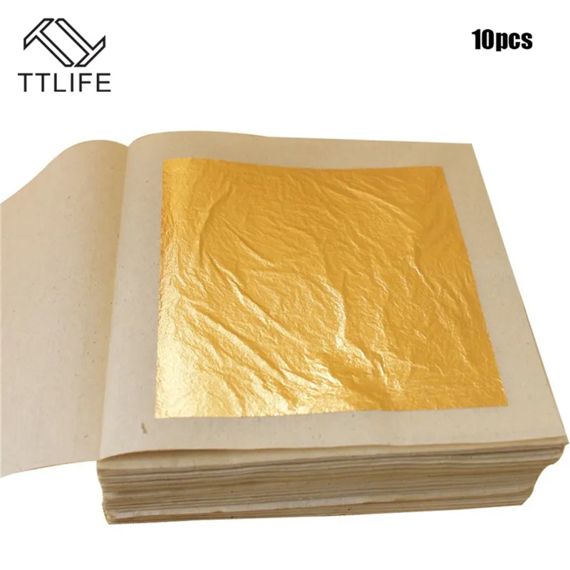 TTLIFE 10 Pcs 24K Gold Leaf Sheets for Art Crafts Design Gilding Framing Scrap Premium Golden Edible Gold Leaf Sheets Gold Foil