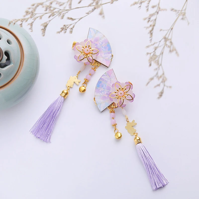 Ancient Chinese Hairpin Fan-shaped Cherry Blossom Sweet Tassel Hairpin Handmade Hair Pin Clip Accessories Children's Hairpin
