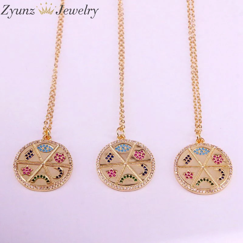 

5PCS, Rainbow Colorful CZ Gold Color Statement Necklace Cubic Zirconia moon eye heart star charm Pendant Micro pave necklace