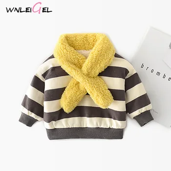 

WLG winter baby girl boy thick striped soft with scarf sweatshirt kids fanshion cotton v-neck warm rabbit ears pink clothes