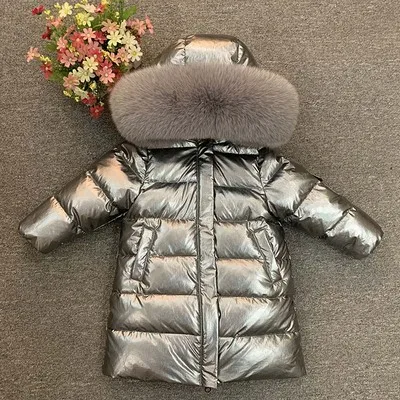 gray silver Детские утепленные парки с натуральным мехом для мальчиков и девочек на русскую зиму длинная куртка-пуховик, 90 От 2 до 12 лет верхняя одежда для маленьких детей-30 - Цвет: gray silver