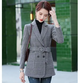 

2020 Autumn Winter Korean Plaid Professional Blazers Suit Notched Double Breasted Sashes Formal Plus Size 3xl Office Work Wear