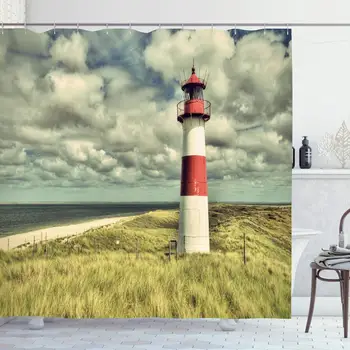 

Shower Curtain Set with Hooks 60x72 Inches Friesland Cloudy Lighthouse List Shore Beacon Coastal German Vintage Tower Schleswig