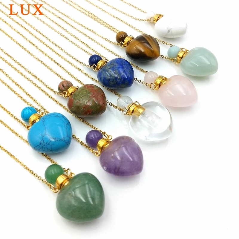 

Natural gems stone perfume bottle necklace Essential Oil Diffuser Pendant lapiz lazuli amethysts quartz heart jewelry charm