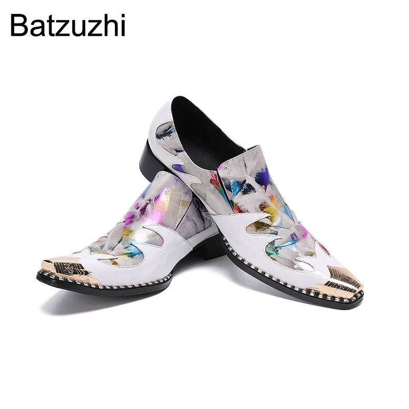Batzuzhi New Fashion Men's Shoes Pointed Iron Toe Genuine Leather Dress Shoes Men Slip on White Party & Wedding Sepatu Pria
