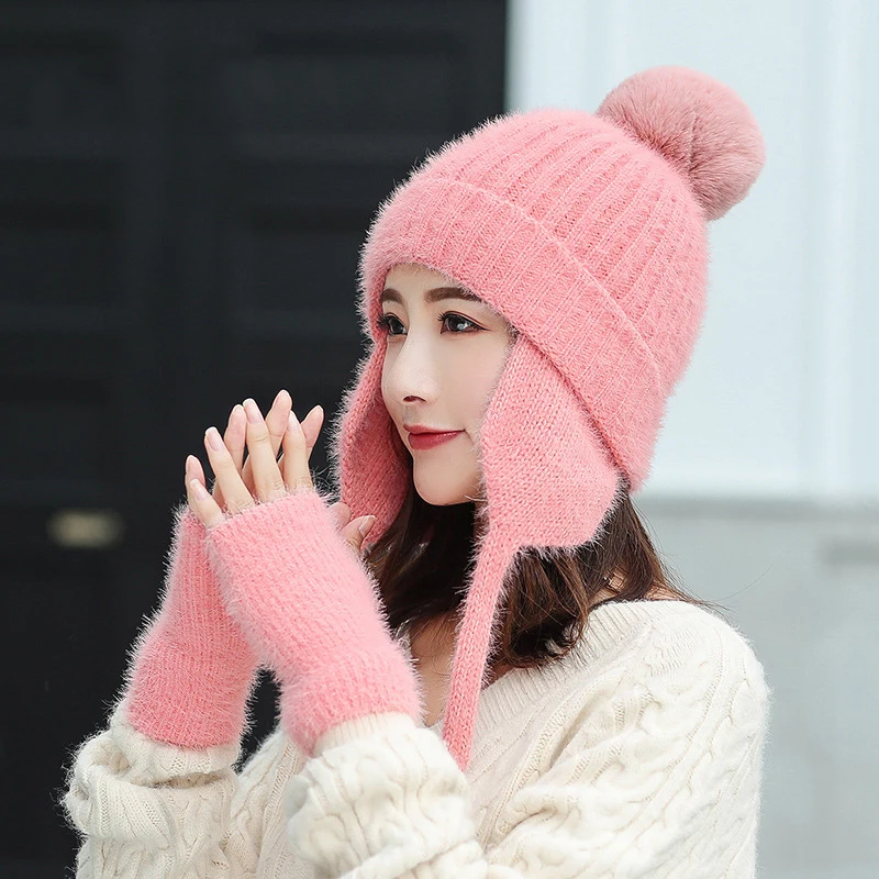 Solid Women Earflap Cap Gloves Set Classic Polyester Beanies Hat for Sweet Girls Super Soft with Big PomPom Lady Winter Warm Hat