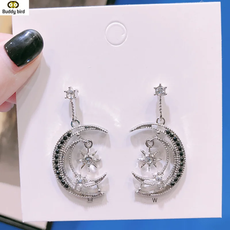 Korean Hollow Star Moon crystal Drop Earrings For Women Asymmetric Delicate Zircon earrings Fashion Pendientes Jewelry Gifts | Украшения и