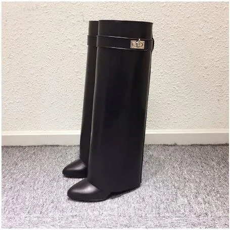

Women Knee High Boots Slip-on Fold Over Lady Motorcycle Boots Height Increasing Woman Original Leather Boots