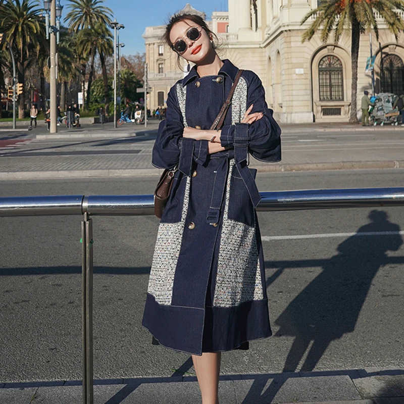 TWOTWINSTYLE Patchwork Denim Trench Coat For Women Lapel Long Sleeve High Waist With Sashes Casual Korean Coats Female Autumn