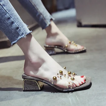 

Fashion brand slippers women wear 2020 all-match transparent sandals with high heel and thick heel