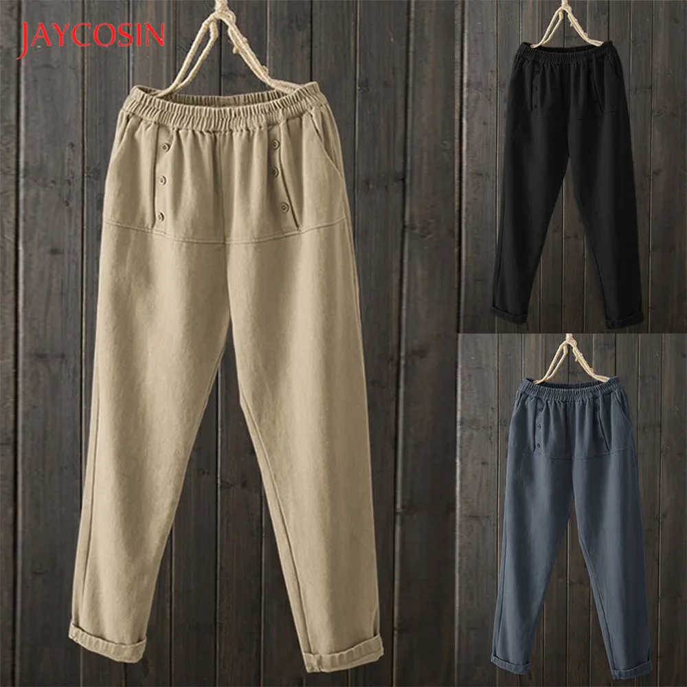 Jaycosin, Осенние, зимние, широкие, женские, одноцветные, средняя талия, с карманами, брюки, женские, плюс размер, длинные штаны,, уличная одежда