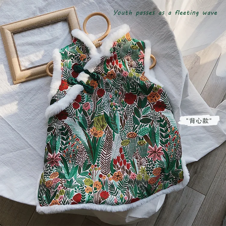 Китайский стиль стиль Мода Цветочный теплый cheongsam Зима мягкий флис утолщаются стеганые ручная Пряжка Платье