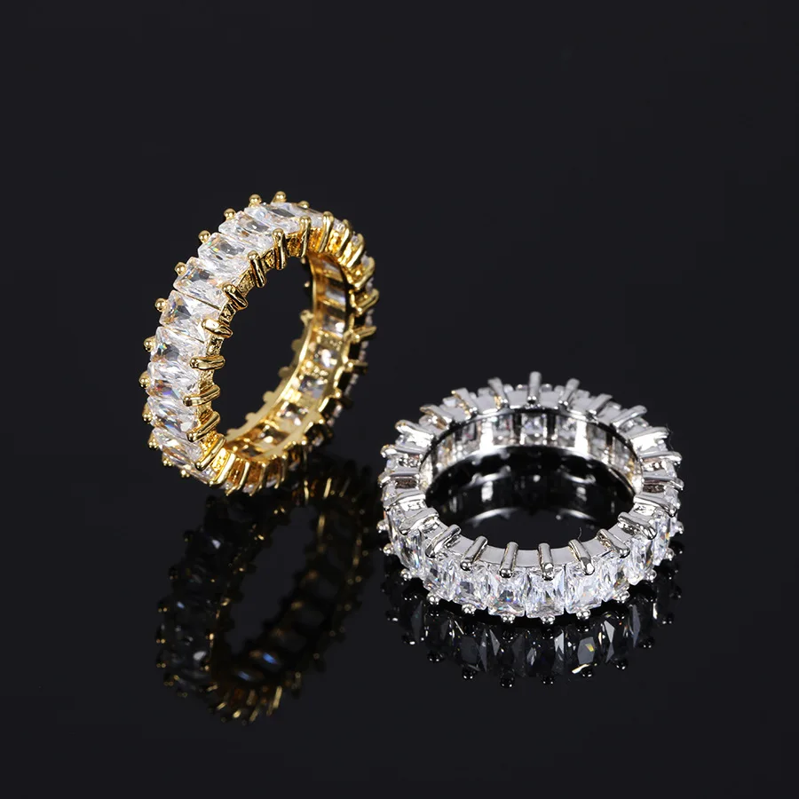

1 Row Hip Hop Ring Square Rhinestone AAA+ Zircon Gold Color Rock Luxury Couple Married Men&Women High Quality Fashion Jewelry