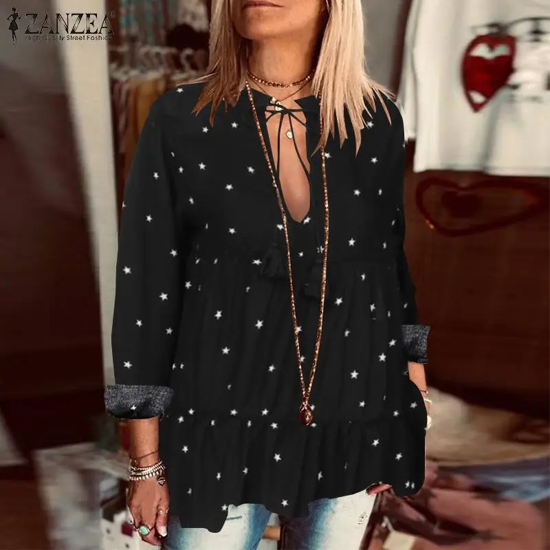 

ZANZEA WomenT Tops and Blouses Plus Size Star Printed Shirt 2019 Autumn Ruffles V Neck Long Sleeve Work Chic Tops Tunic Blusas