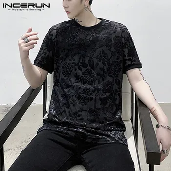 

Fashion Men Mesh T Shirt 2020 Short Sleeve Transparent Tee Tops Printed Casual Party Nightclub Mens T-shirts Streetwear INCERUN