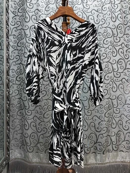 

2020 Spring and Summer New Women's V-neck Zebra Pattern Printing Decorative Tie-Waist Long Sleeve Dress 417