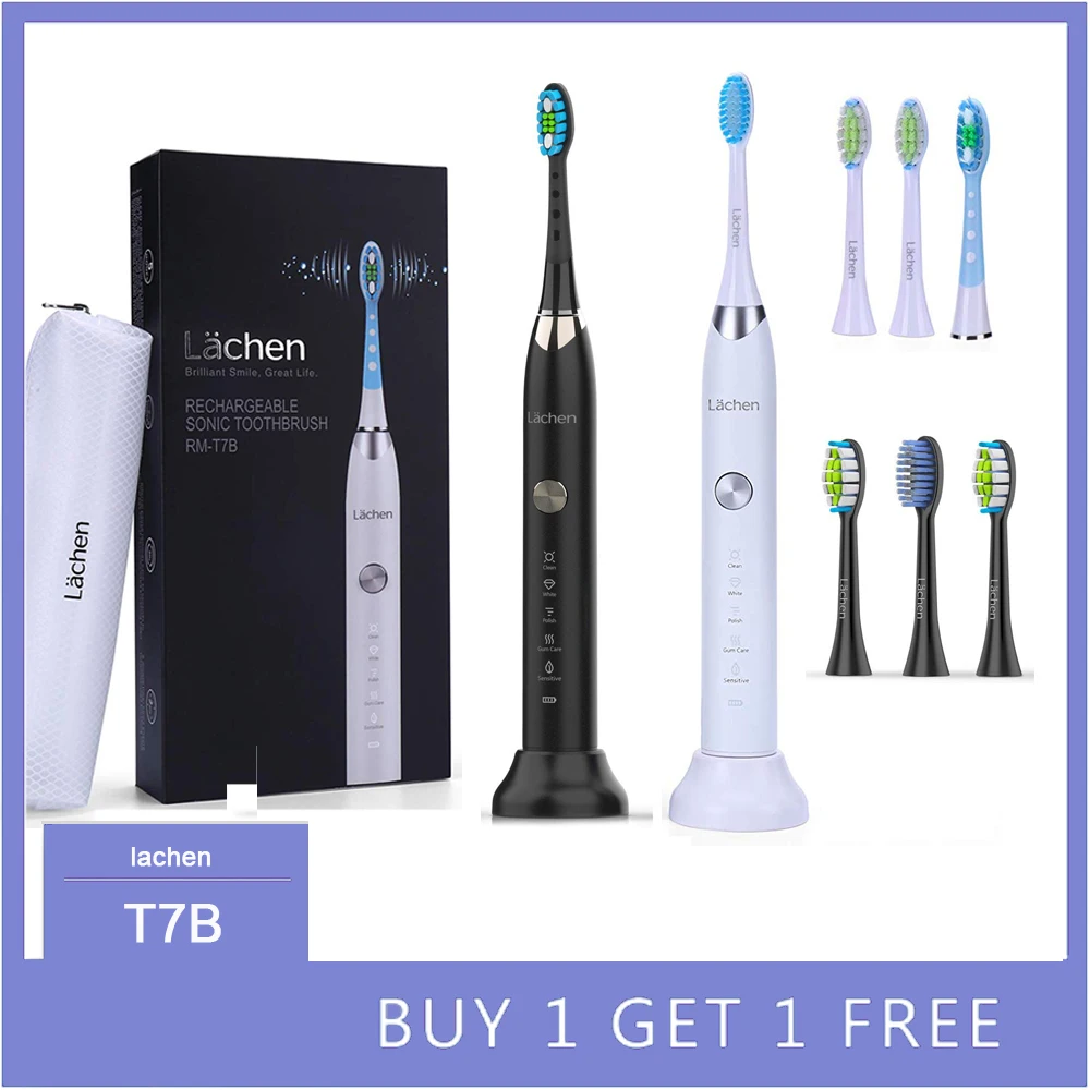 Синий Lachen T7B Sonic Electric Toothbrush buy one get one free with 8 brush heads and timer 5 modes USB charging - Цвет: Синий
