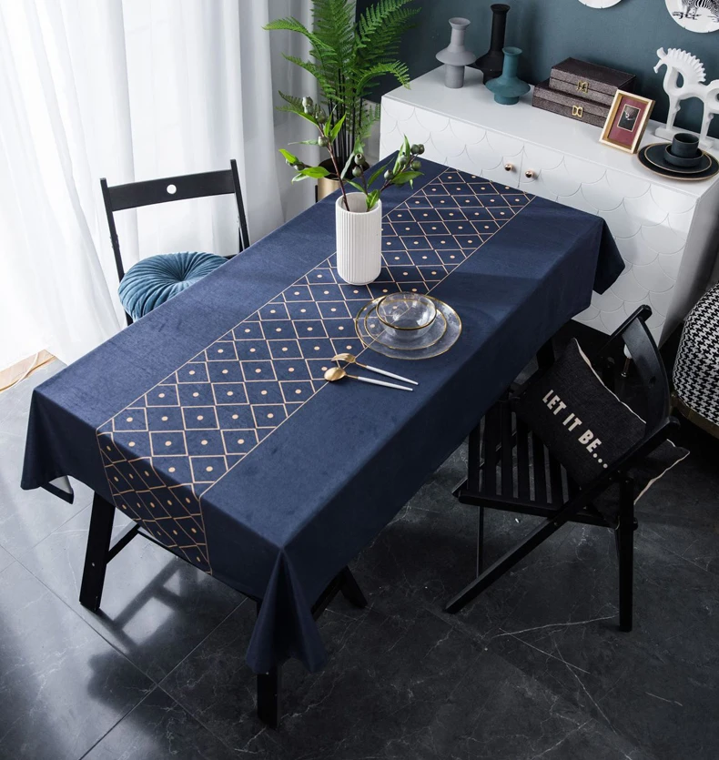 New Luxury Velvet Table Cloth Decorative Geometric Print Navy Blue Tablecloth Dining Table Cover Mantel Gold Obrus ZC088