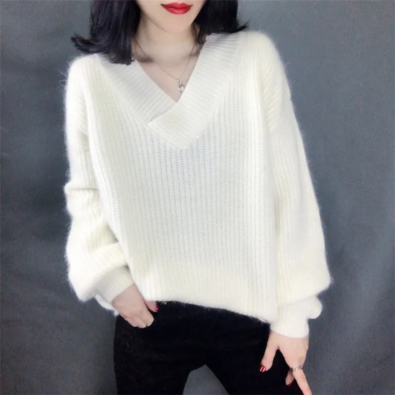 Белый Loose Casual Lantern Sleeve Mohair Thicken Sweater Women Fashion Trend Simple V-neck Solid Color Pullover Sweater - Цвет: Белый