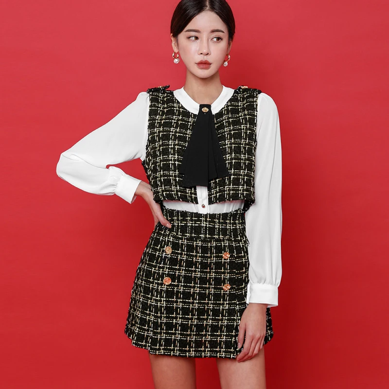 Black H Han queen OL, рабочая одежда, комплект из 2 предметов, зимний женский элегантный комплект, сетчатый топ и короткая юбка-трапеция, модные повседневные Костюмы - Цвет: Black