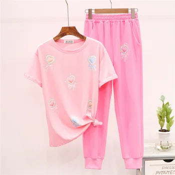 

Casual Sports Set Female Hot drill Lollipop Print T shirt Elastic Waist Pants 2pc Women Summer New White Pink Tops Trousers Suit